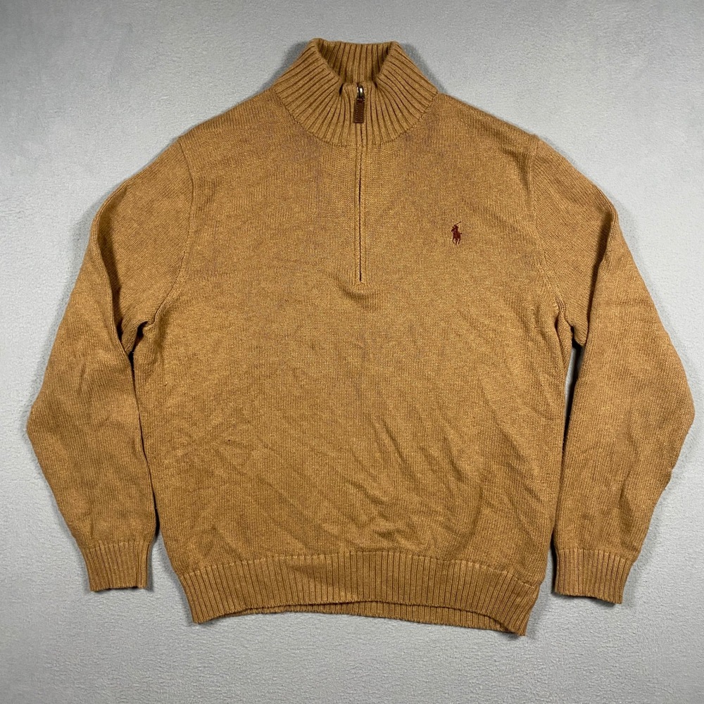 Polo Ralph Lauren Quarter Zip Knit Sweater Mens Large Tan Brown Cotton Mock Neck